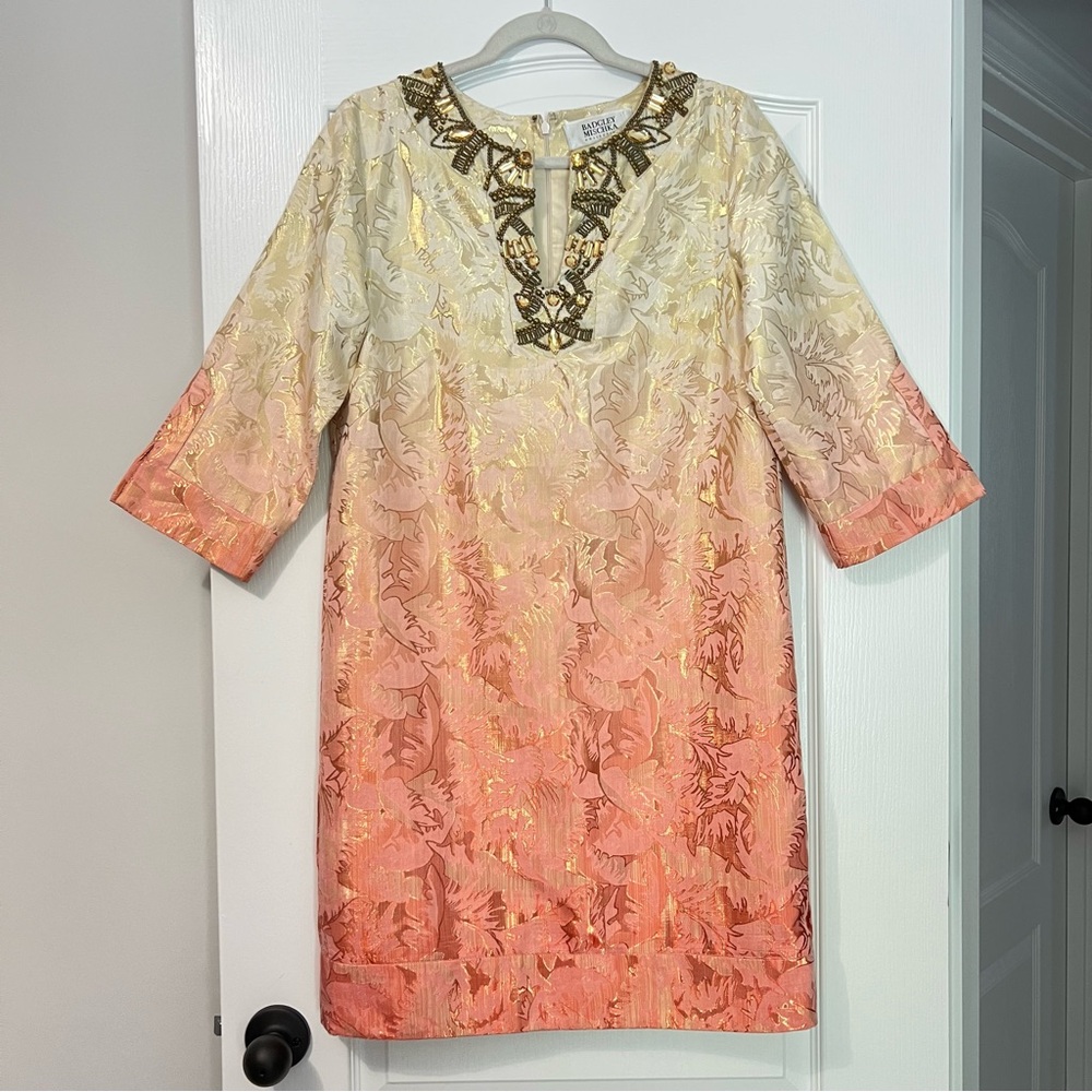 Badgley Mischka Gold and Coral Metallic 3/4 Sleeve Bead Embellished Formal Dress